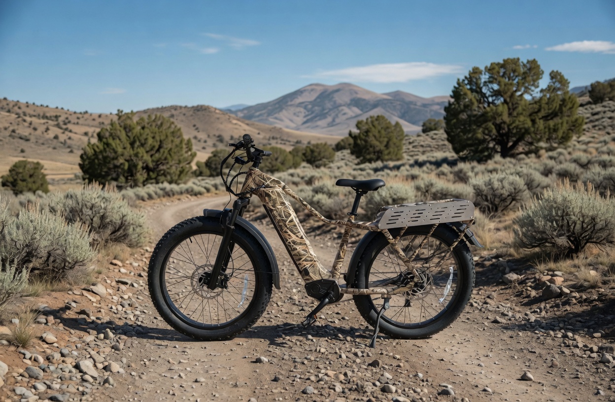 Yellowstone RoughRider AT e-bike in camo finish, parked on a high-desert trail with mountains in the background